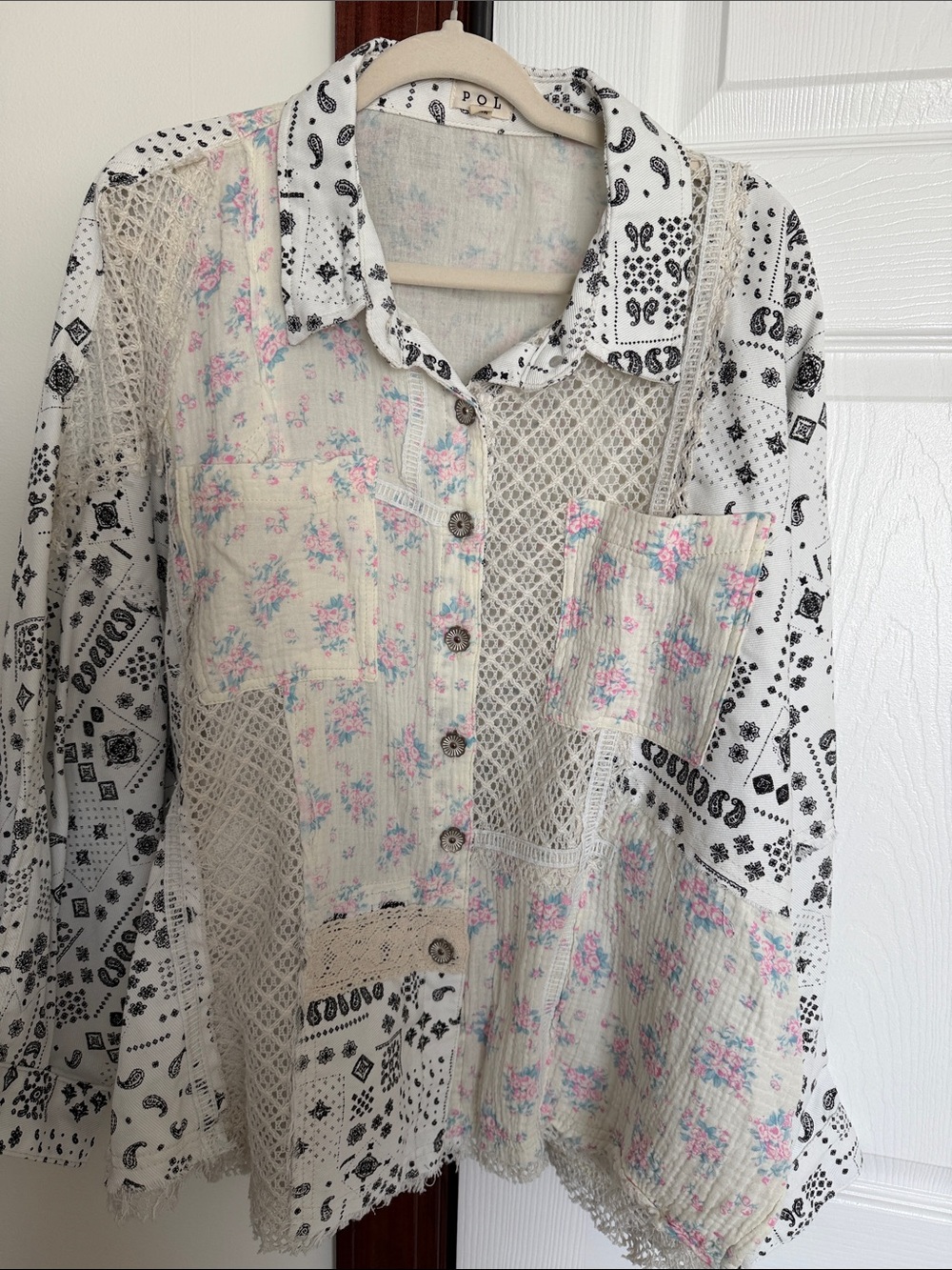 POL Floral Patchwork Lace-Trim Button-Up Shirt - White with Pink Floral